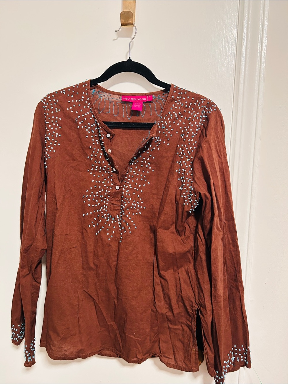 Rust Brown Embellished Long-Sleeve Women's Top